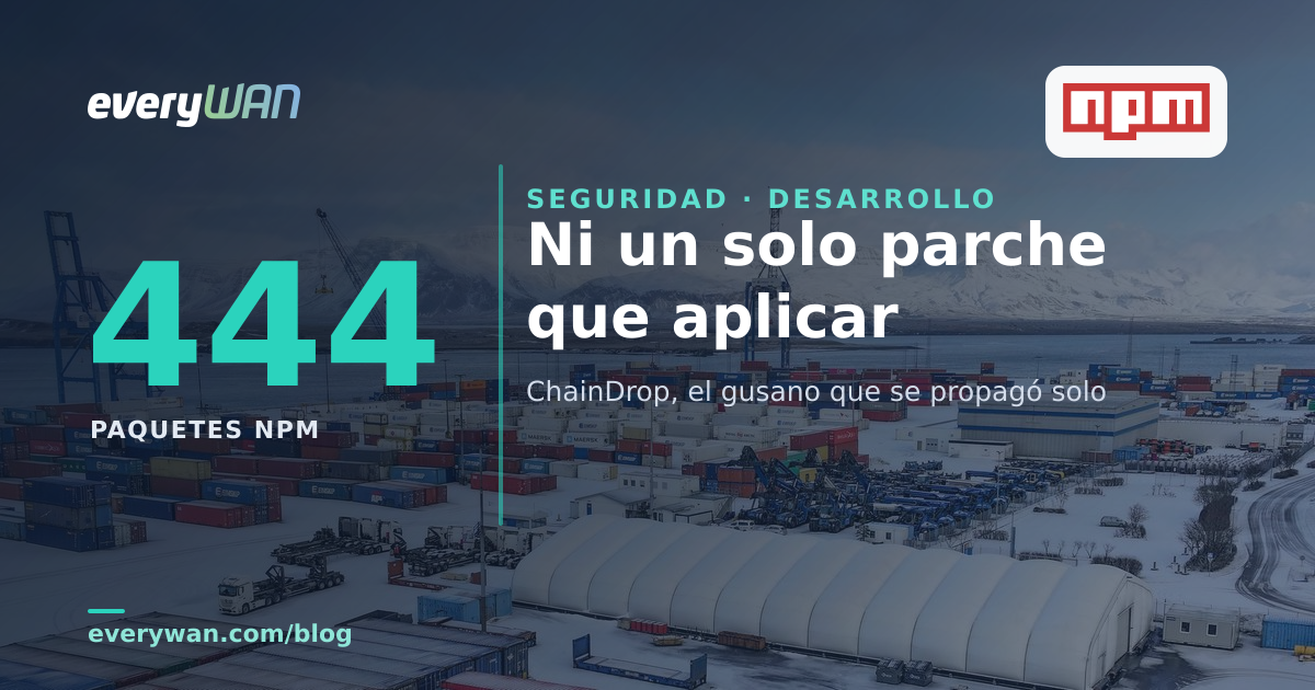 Terminal de contenedores nevada con grúas portuarias y miles de contenedores apilados: la cadena de suministro por la que viaja el código que instalas