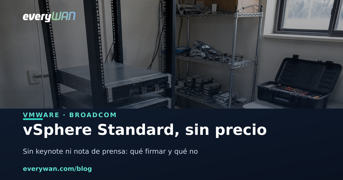A small company's IT room in daylight: an open-frame rack with two rack servers and a UPS at the bottom, metal shelving with spare drives in antistatic bags, a folding table with an open toolbox, and cardboard boxes on the floor